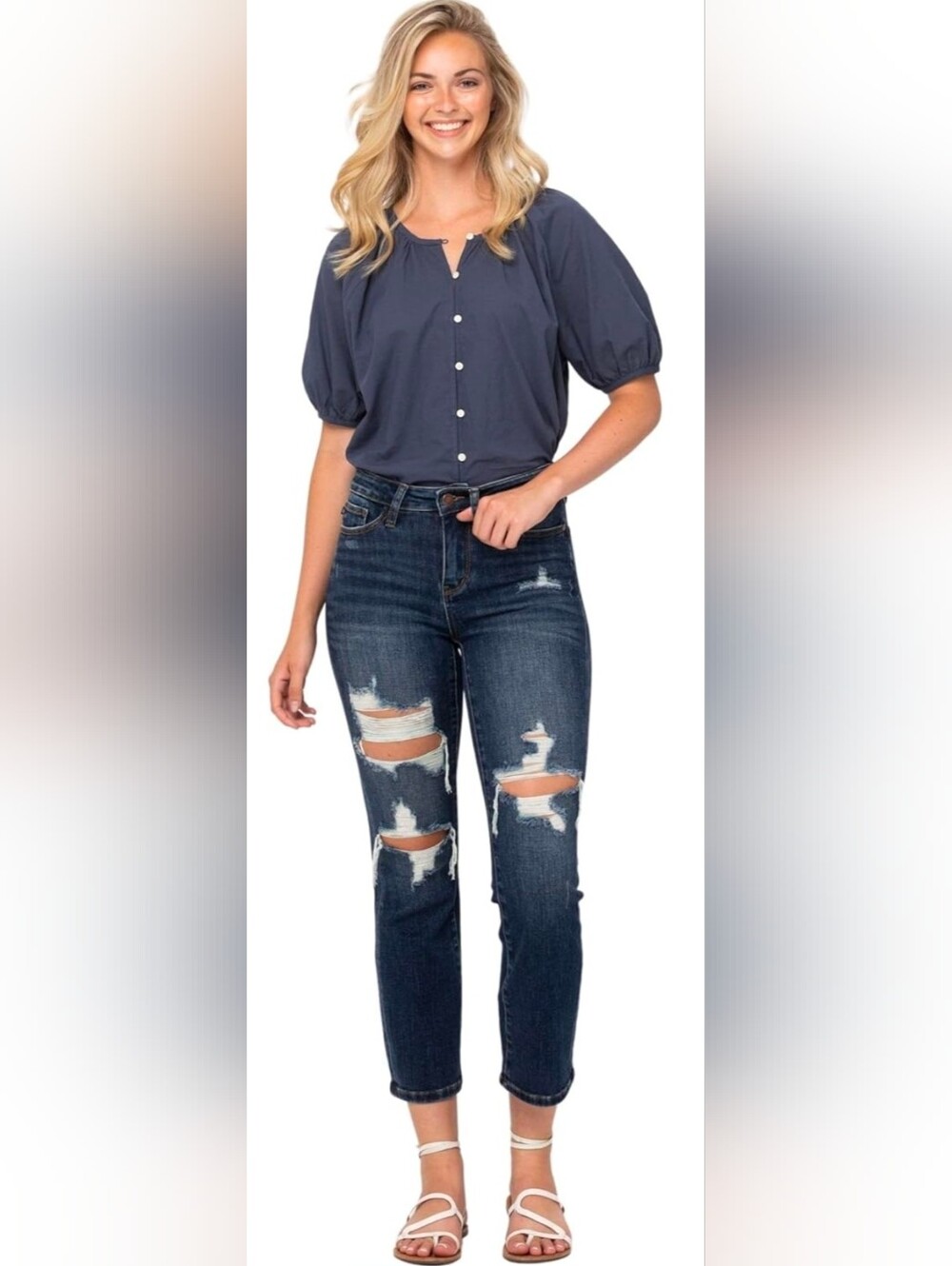 🔥Distressed Straight Jeans Judy Blue Size 11/30 Dark Stretch Denim Crop JB88517